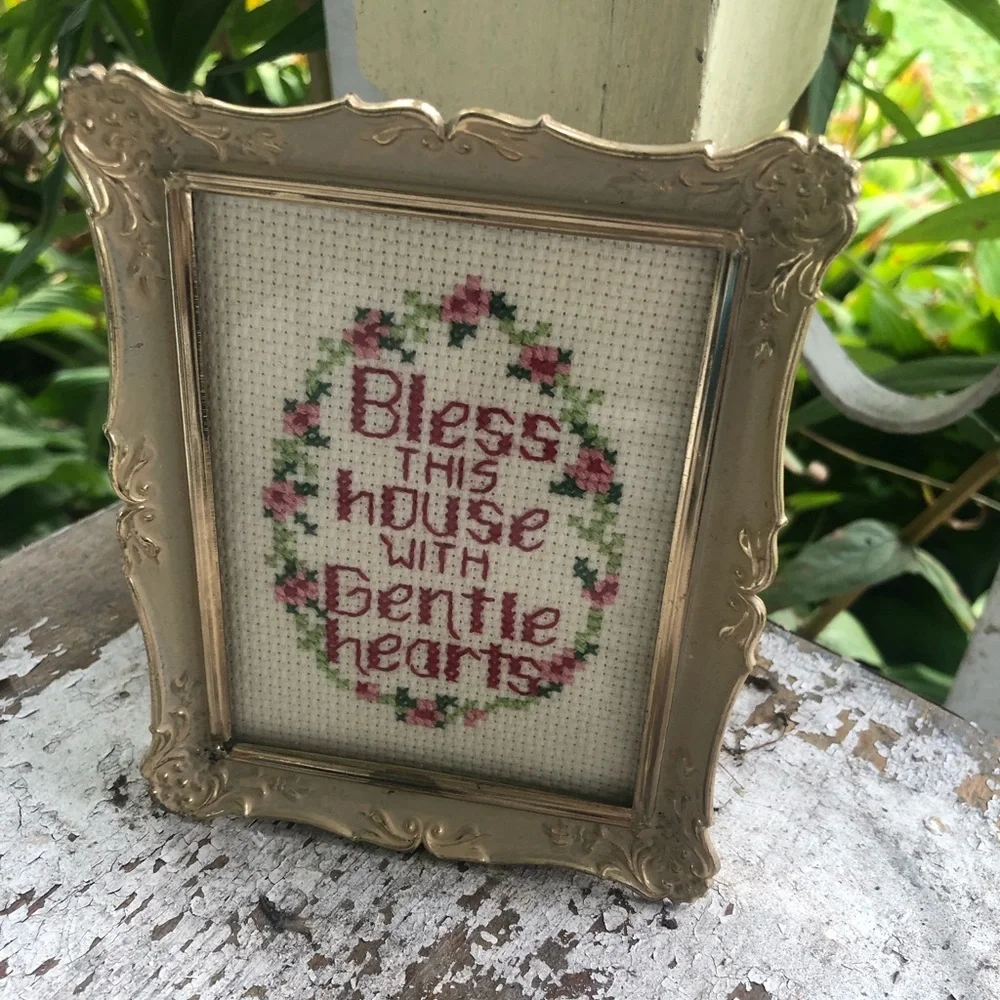Vintage Framed Cross Stitch Bless This House with Gentle Hearts